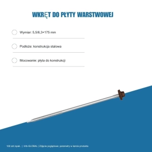 Wkręt do płyty warstwowej Info-GLOBAL AR6 W CSG 5,5/6,3×175 mm, kolory RAL, 100 szt.